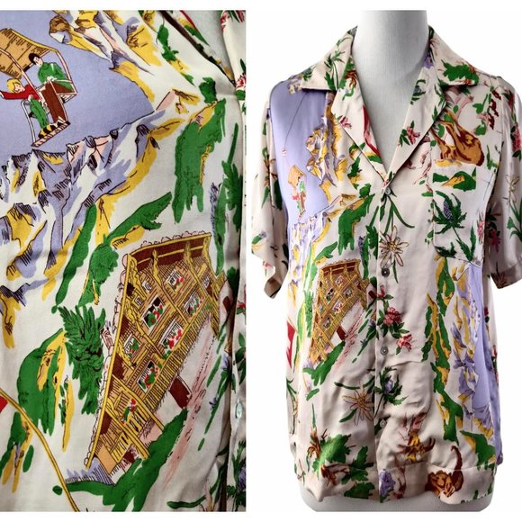Tiny Anthropologie Womens Swiss Alps Postcard Novelty Button Up Blouse Top XS - Picture 1 of 11